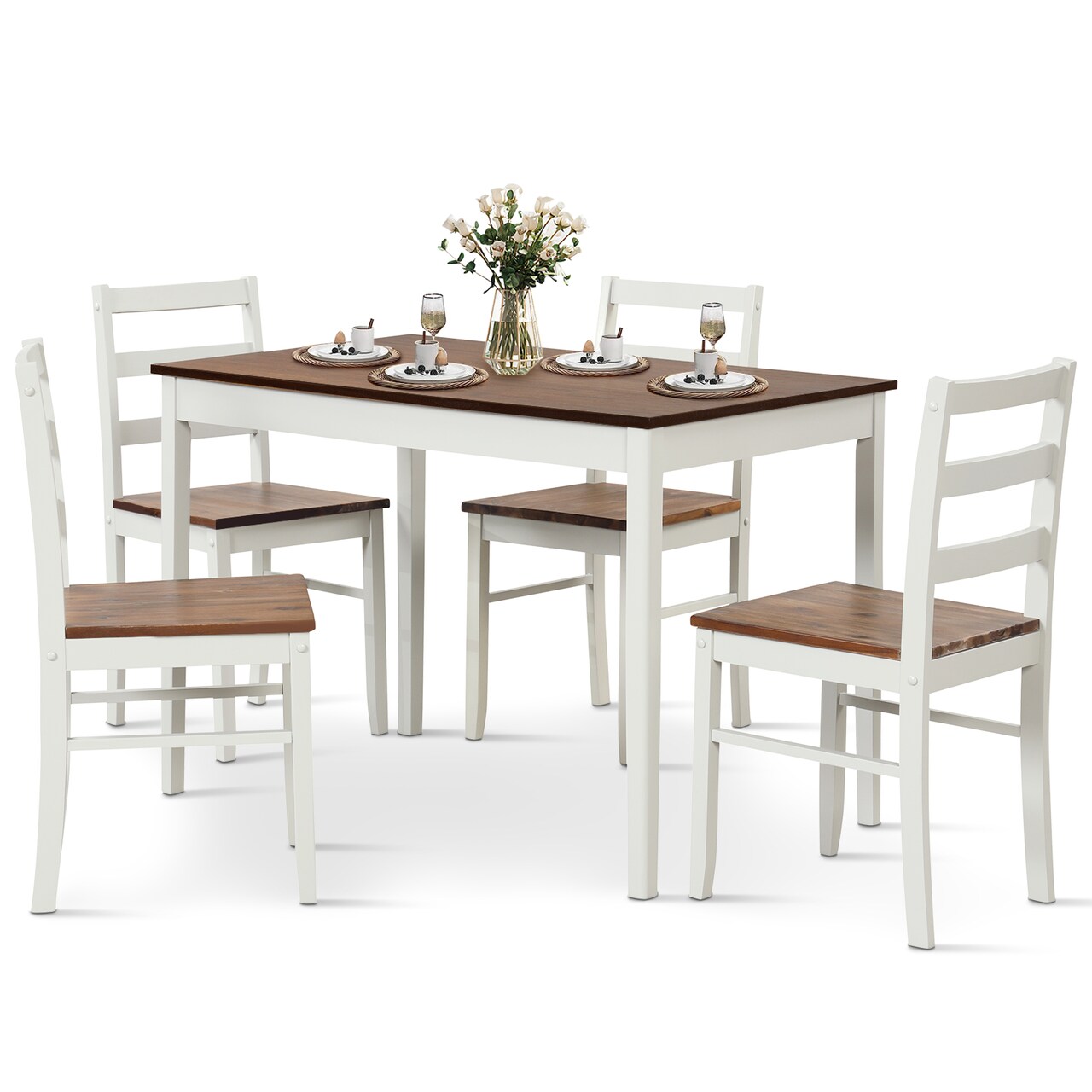 5-piece Wooden Dining Set With Rectangular Table And 4 Chairs-coffee And White